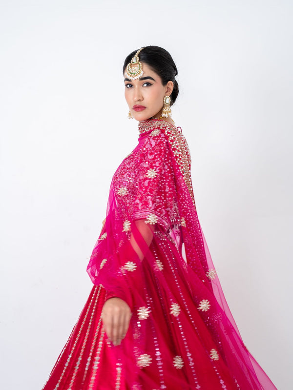 Magenta mirror-work lehenga, full length with the dupatta