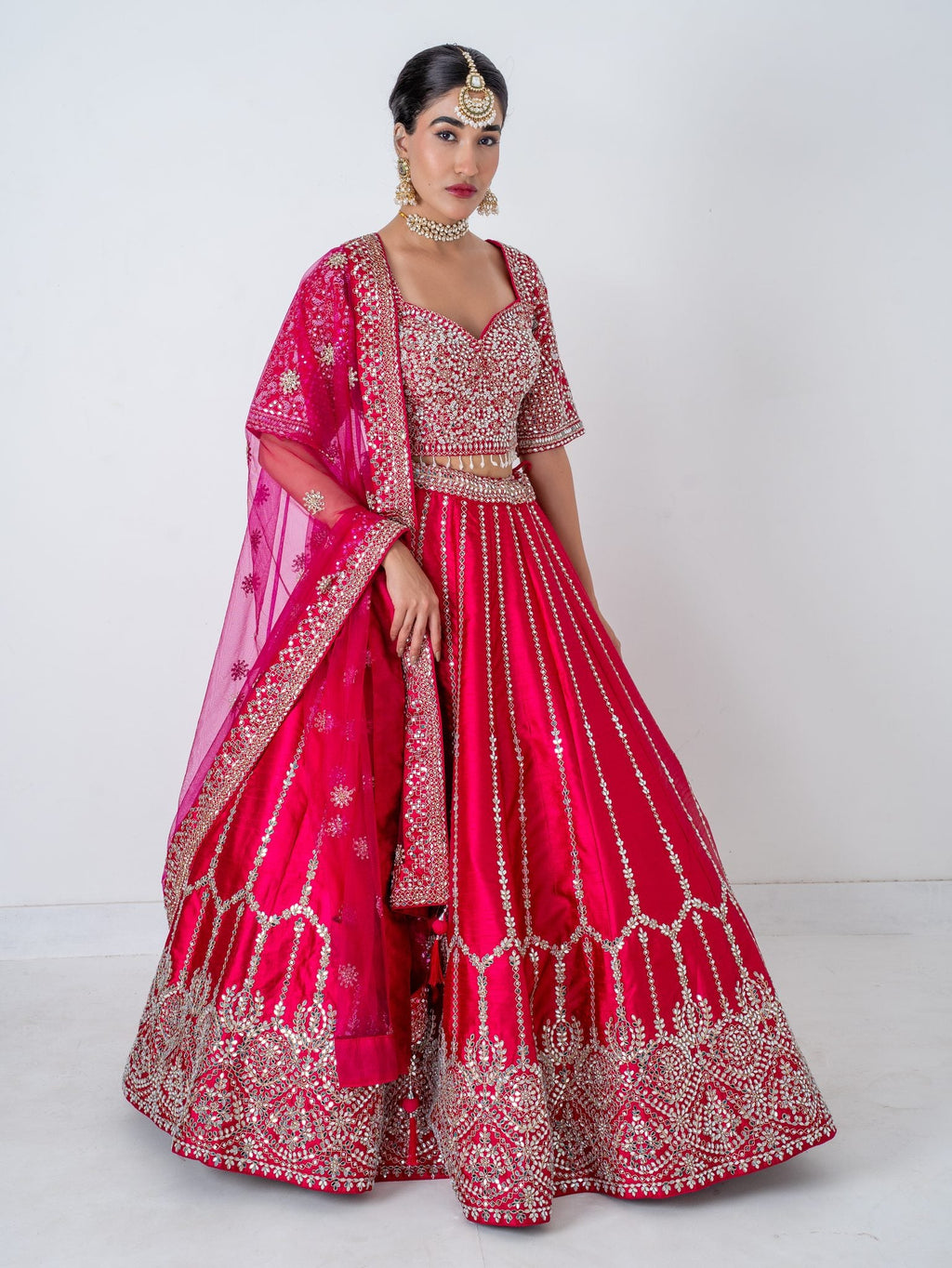 Magenta mirror-work lehenga, full length