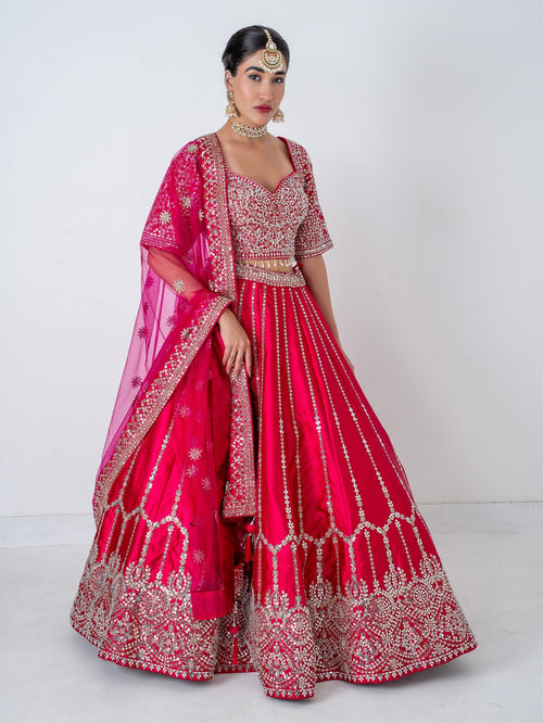 Magenta mirror-work lehenga, full length