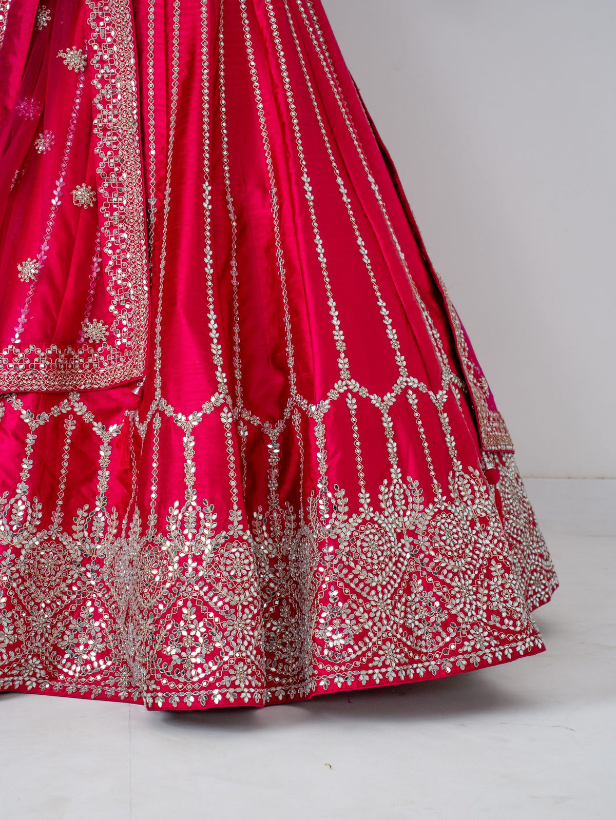 Magenta mirror-work lehenga, skirt embroidery close-up
