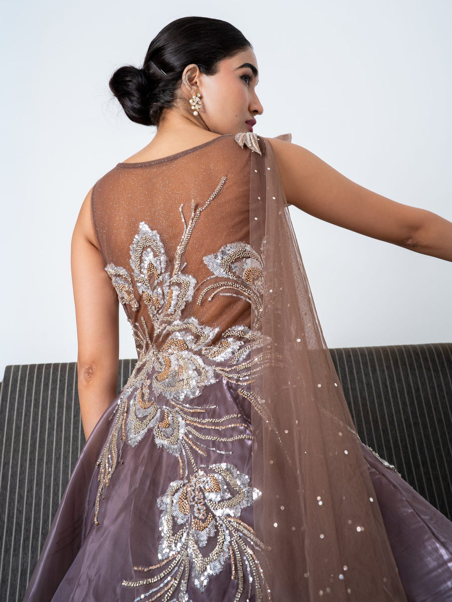 Mauve embellished gown, back view