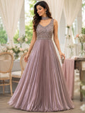 Mauve pleated shimmer gown with beaded waist belt