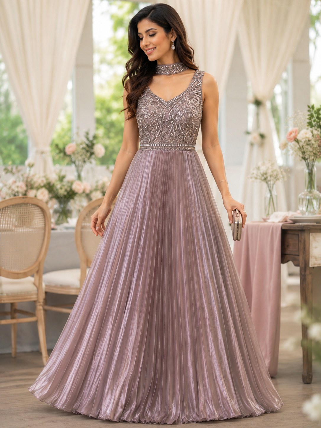 Mauve pleated shimmer gown with beaded waist belt