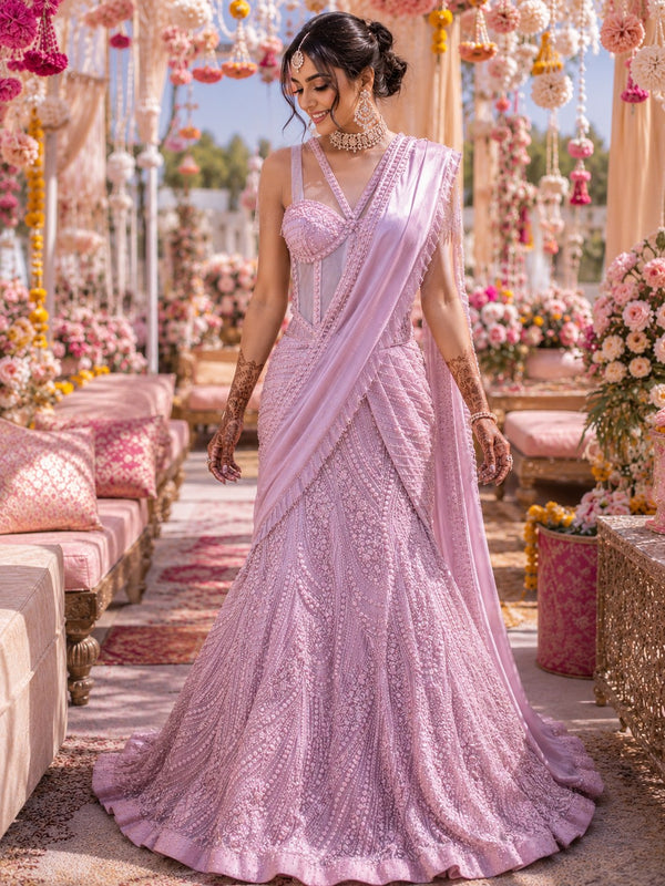 Mauve shimmer pre-draped saree with embellished bustier