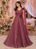Mauve textured organza gown with shoulder rosette