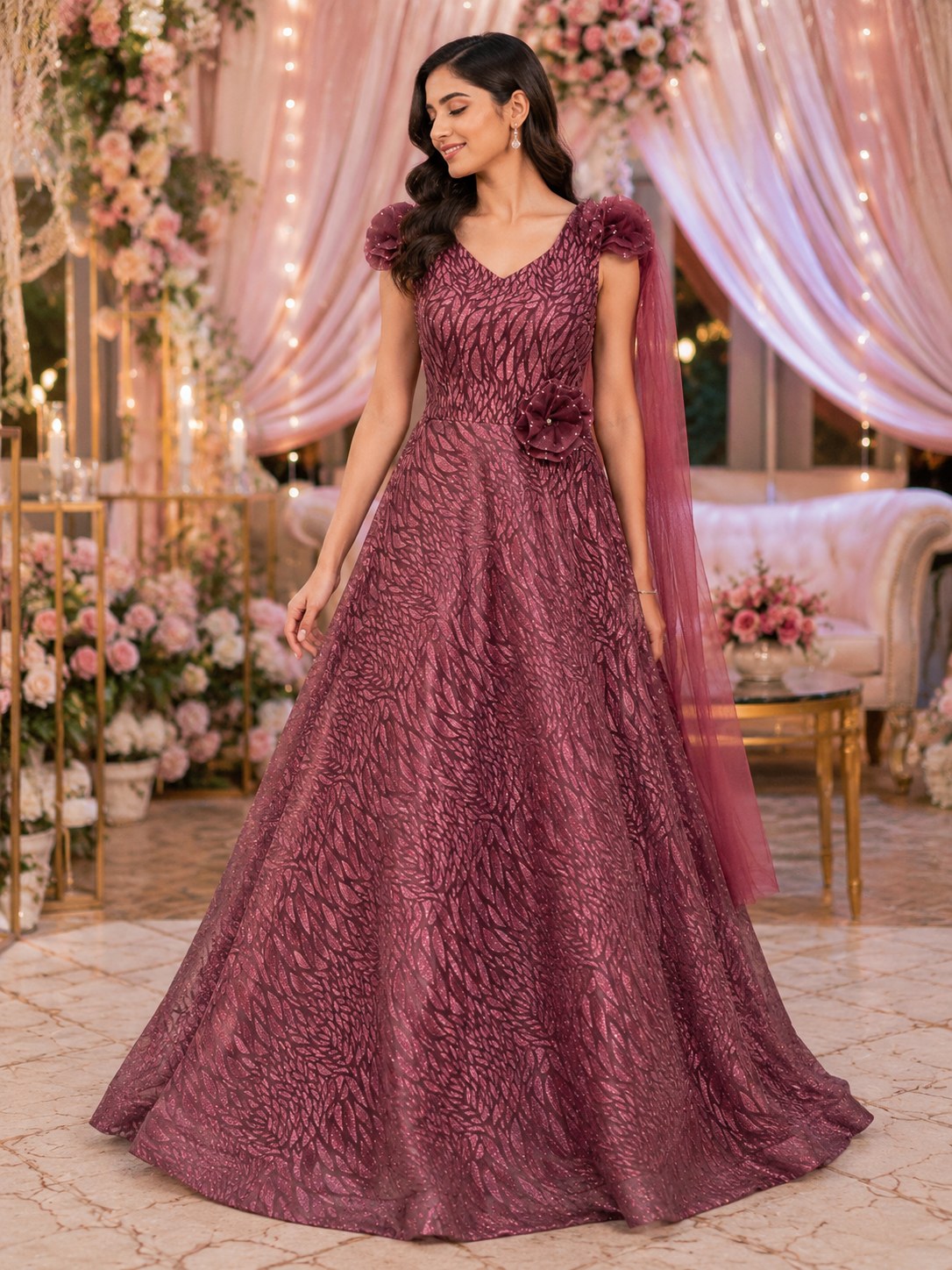 Mauve textured organza gown with shoulder rosette