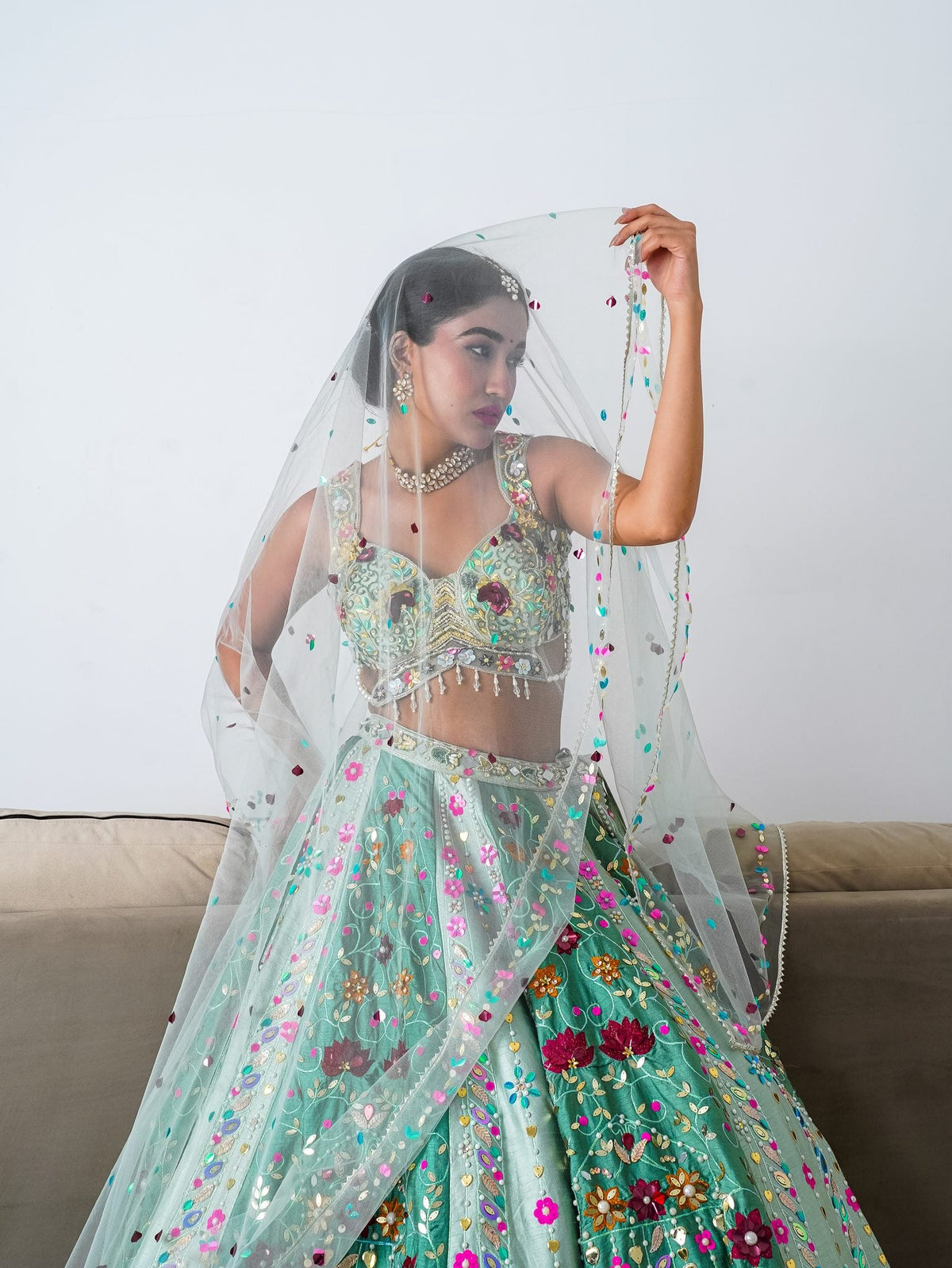 Mint floral appliqué lehenga, full length with the dupatta