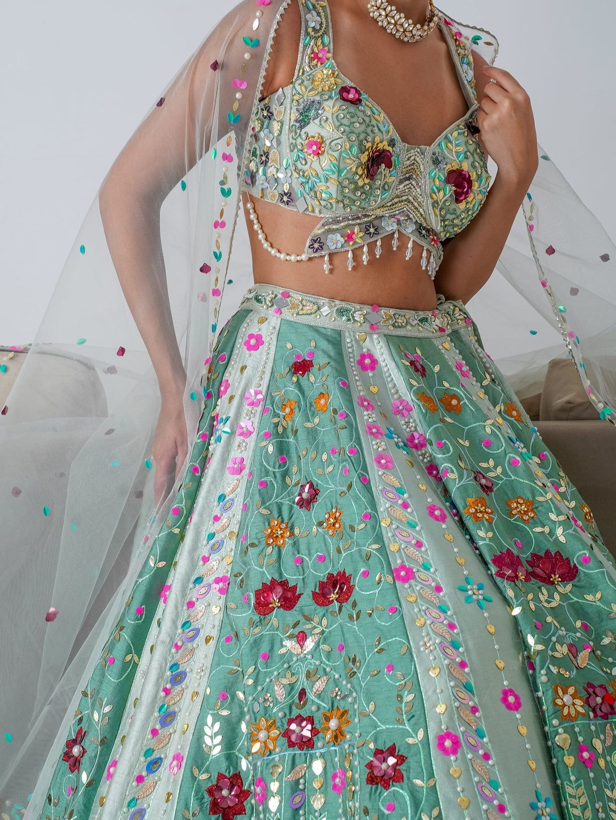 Mint floral appliqué lehenga, waist up