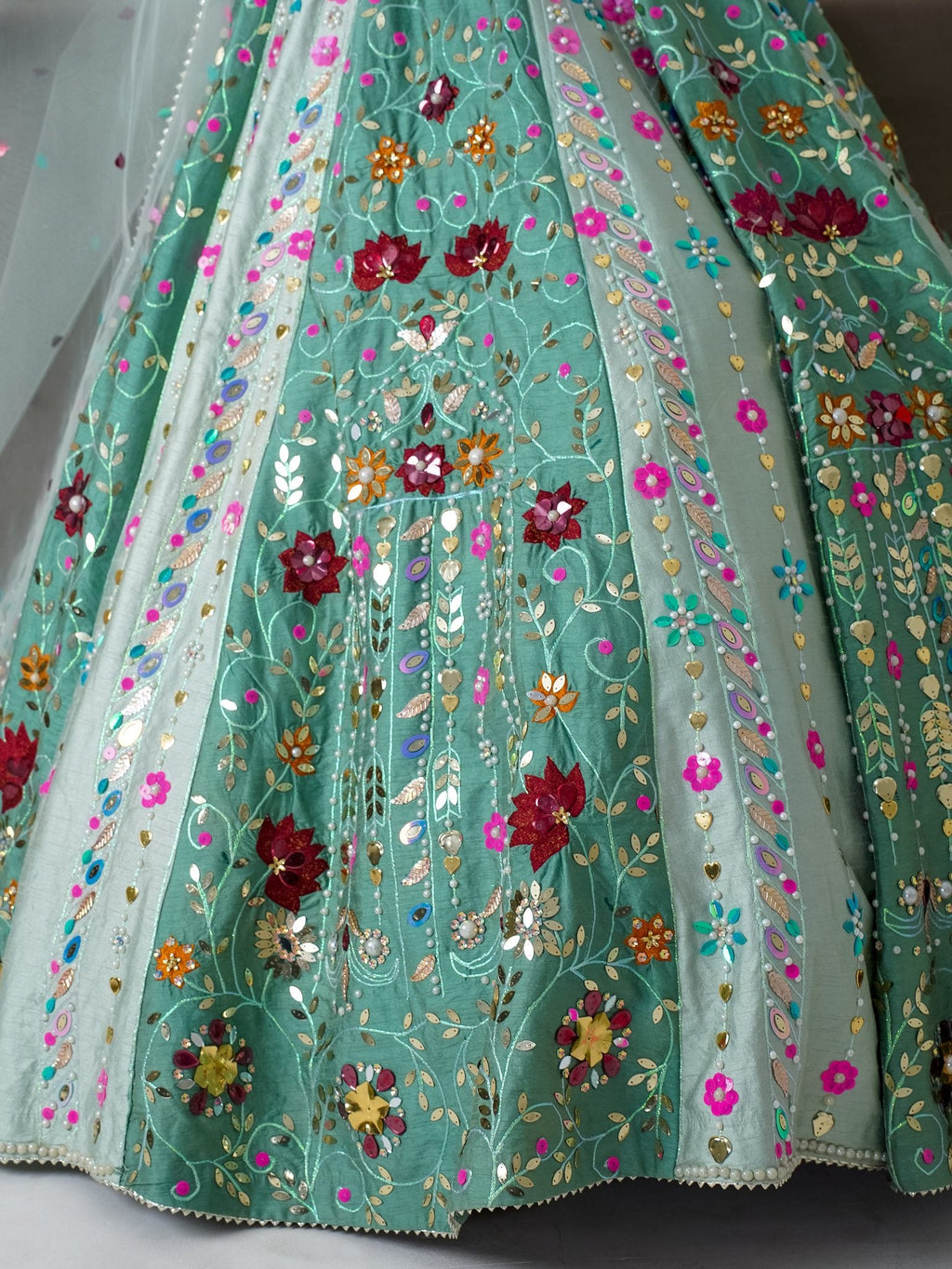 Mint floral appliqué lehenga, skirt embroidery close-up