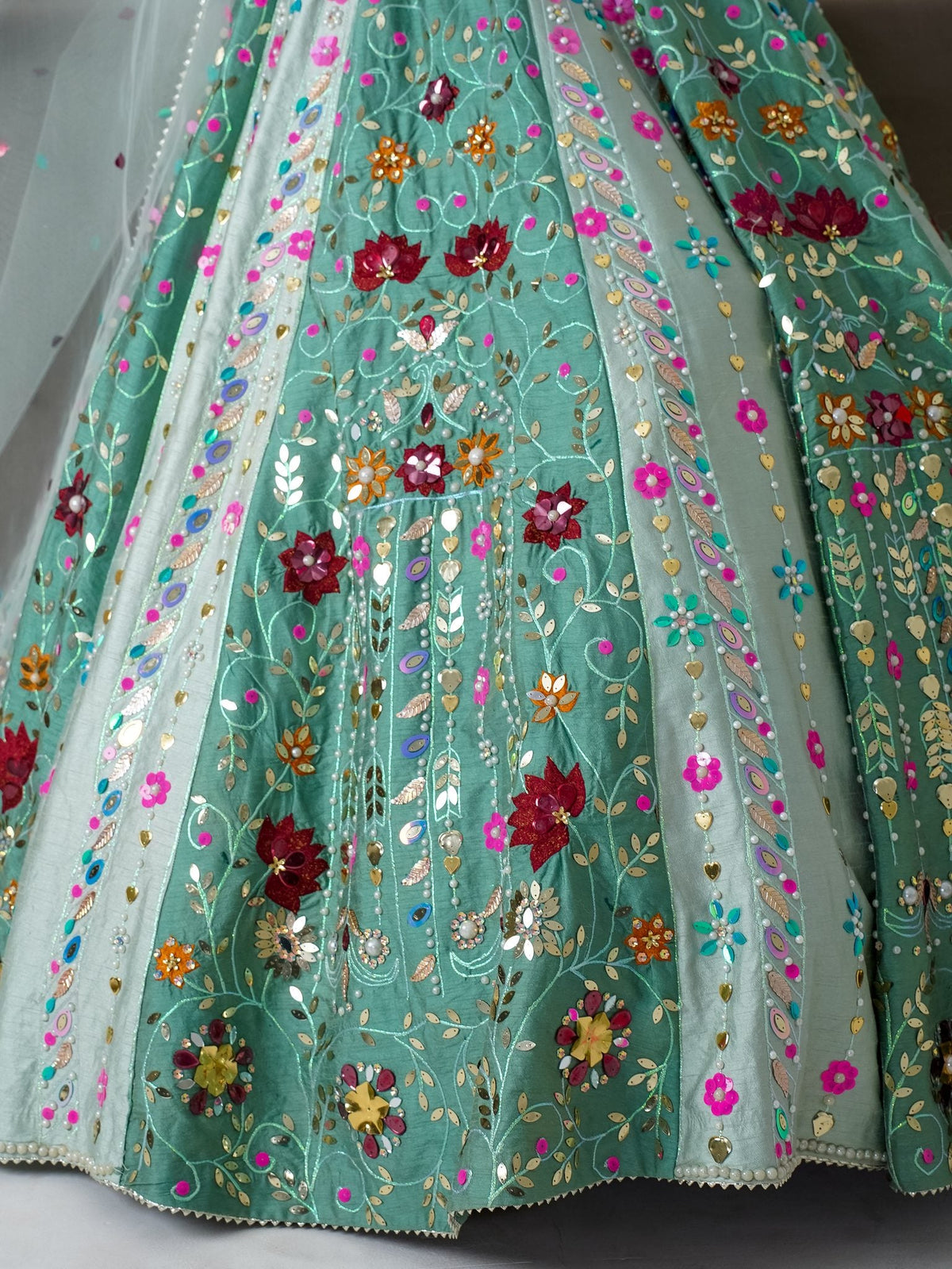 Mint floral appliqué lehenga, skirt embroidery close-up