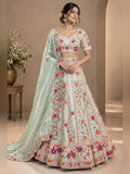 Mint green lehenga with multicolour floral resham embroidery and organza dupatta