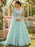 Mint green lehenga with silver floral and mirror work