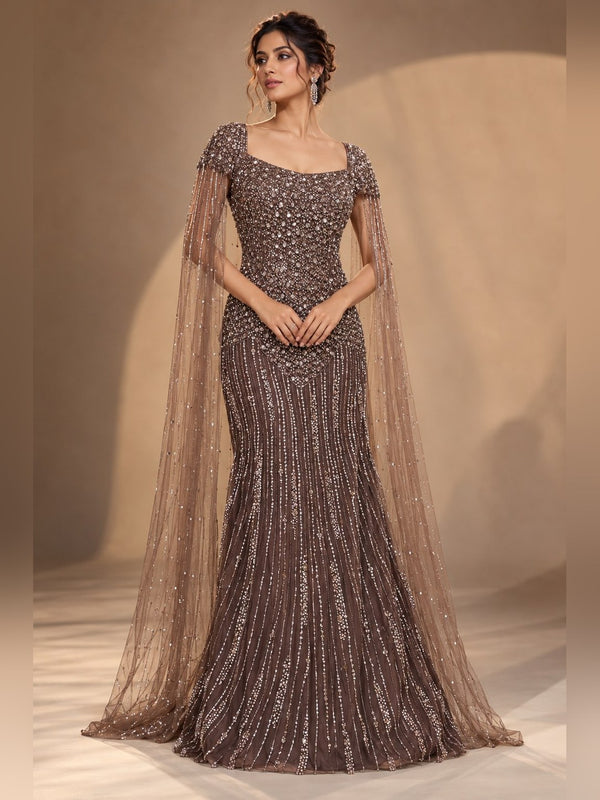 Mocha Sequin Cape Fishtail Gown