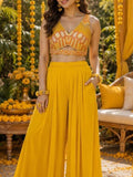 Mustard palazzo co-ord set with mirror-work embroidered crop top