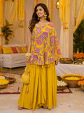 Mustard sharara set with multicolour paisley print cape kurta and tassel hem