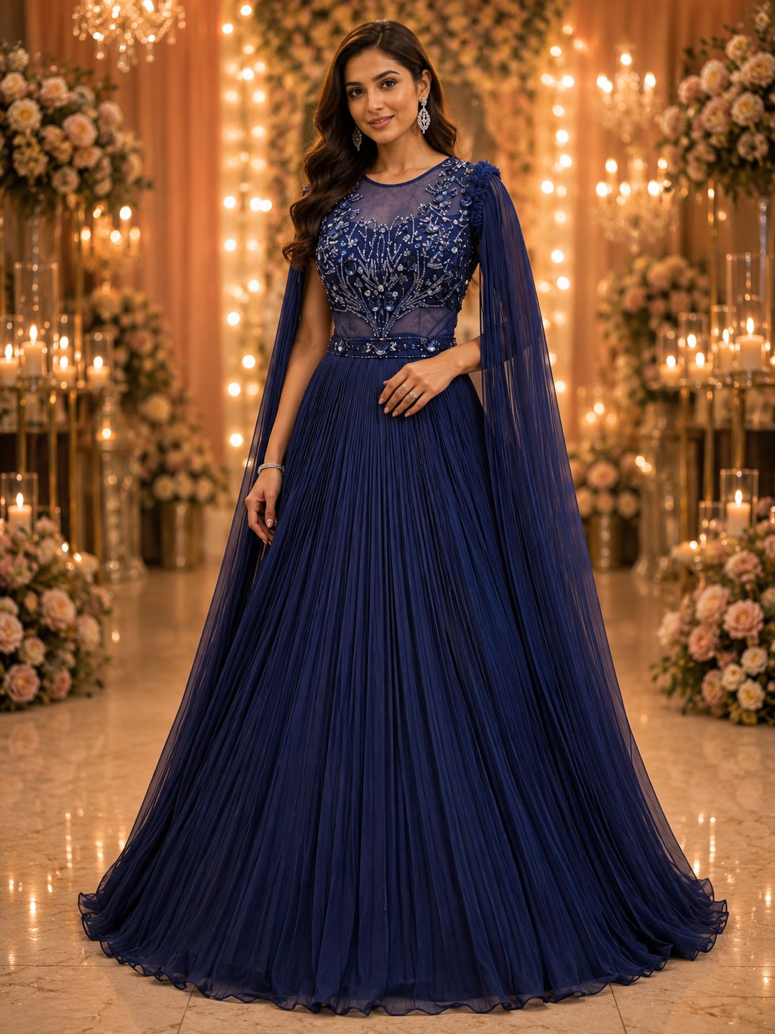 Navy pleated gown with embellished sheer yoke