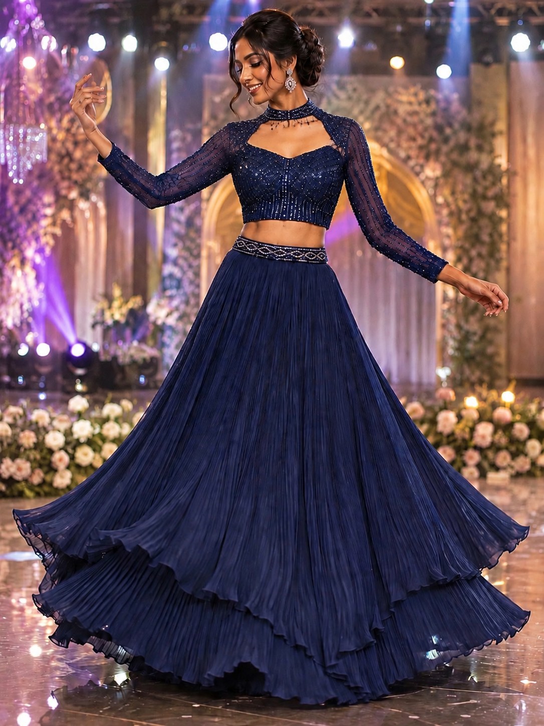 Navy pleated layered lehenga with sequin blouse