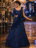 Navy pre-draped saree gown with ruffle fall