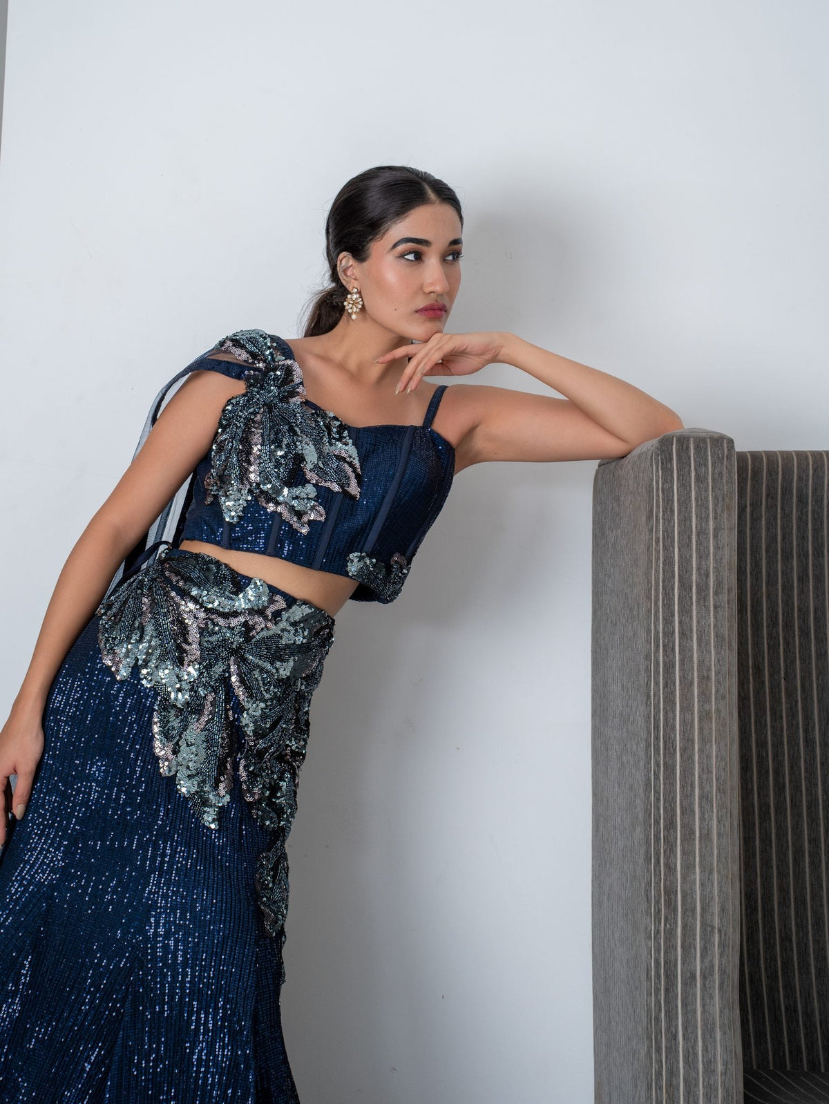 Navy sequin fishtail lehenga, full length