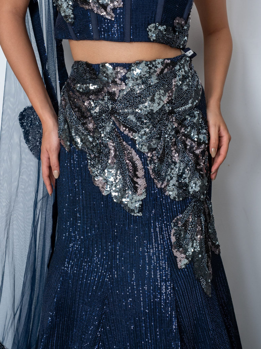 Navy sequin fishtail lehenga, waist up