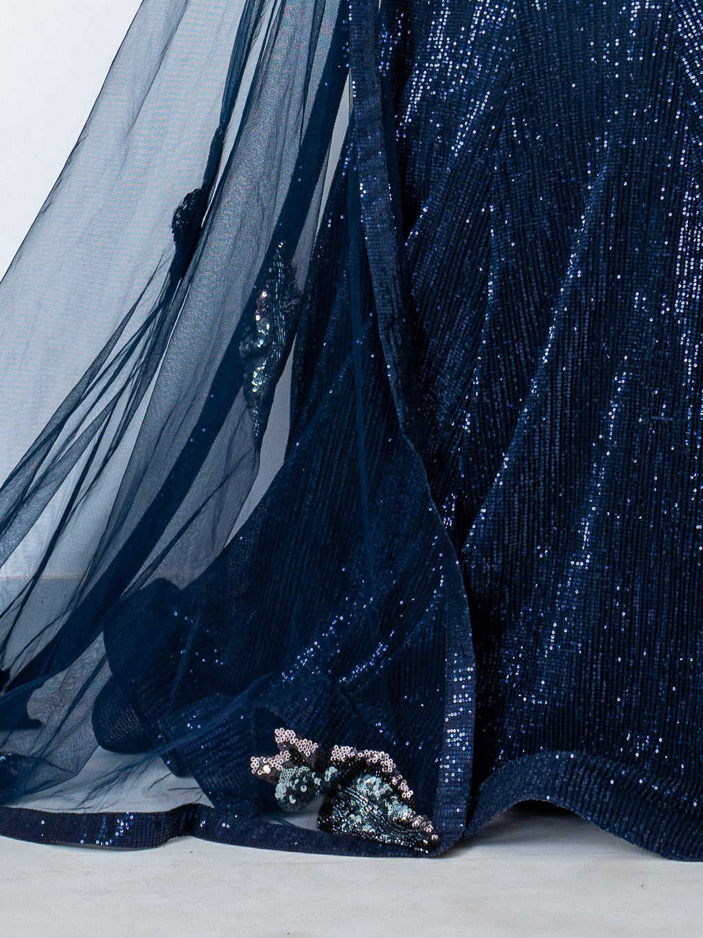 Navy sequin fishtail lehenga, skirt embroidery close-up