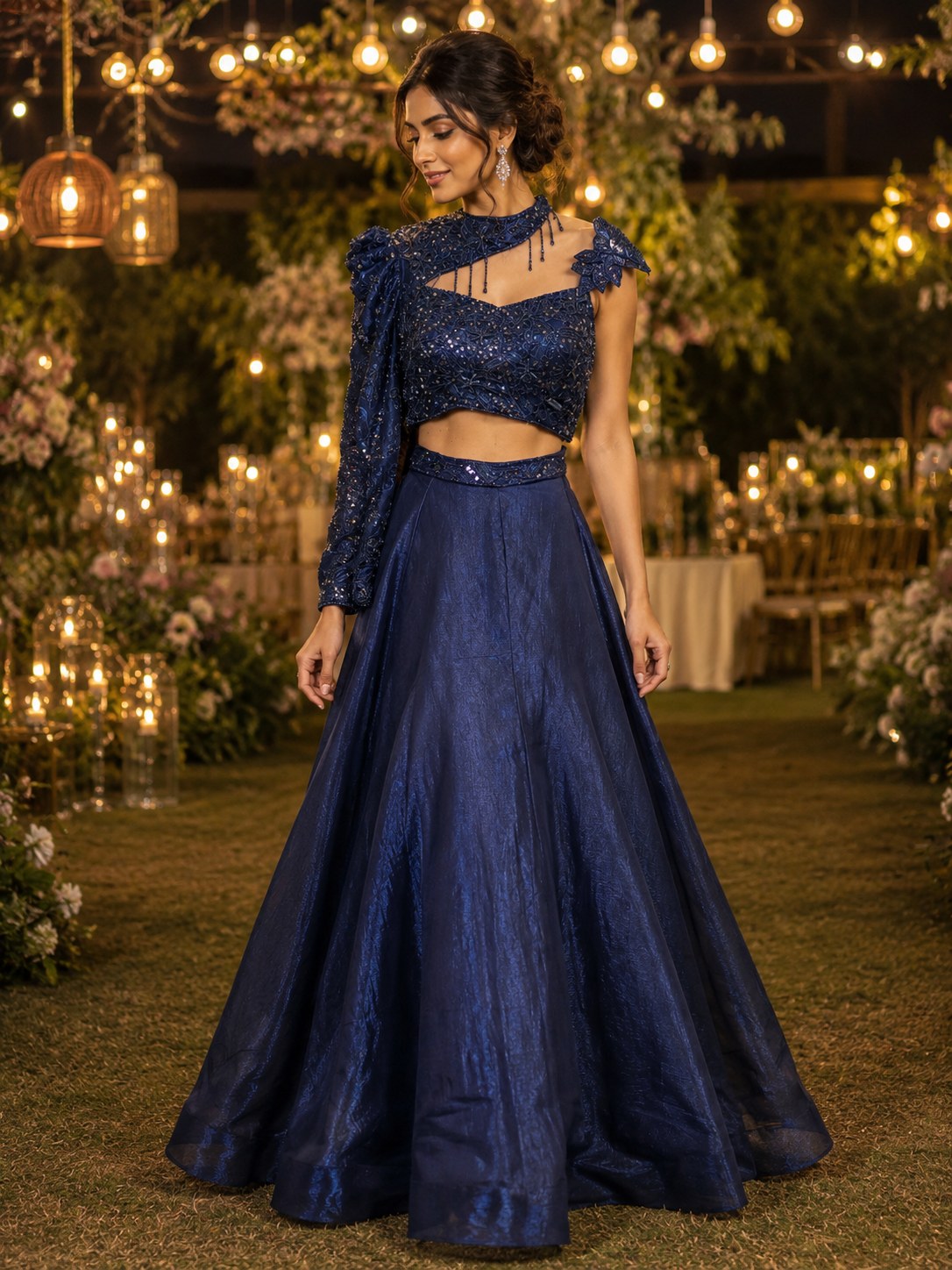 Navy lehenga with sequin one-shoulder blouse