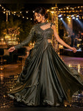 Olive satin drape skirt with sequin blouse