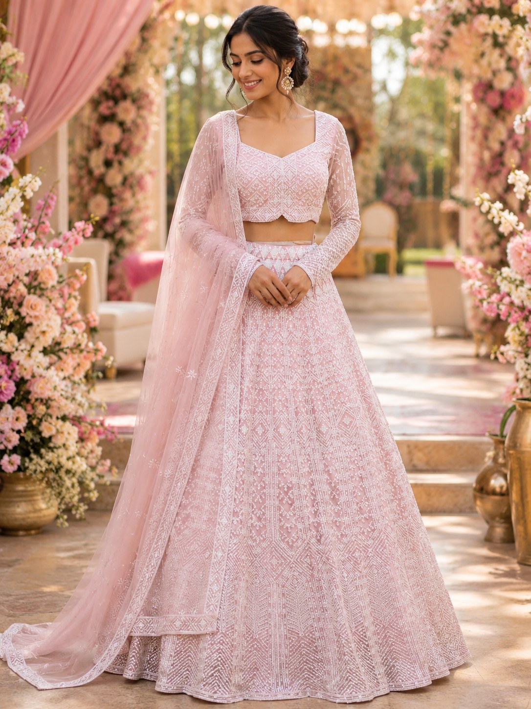 Pale pink lehenga with fine silver jaal embroidery