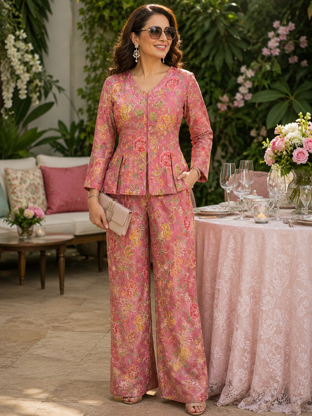 Pink floral brocade peplum top with matching palazzo