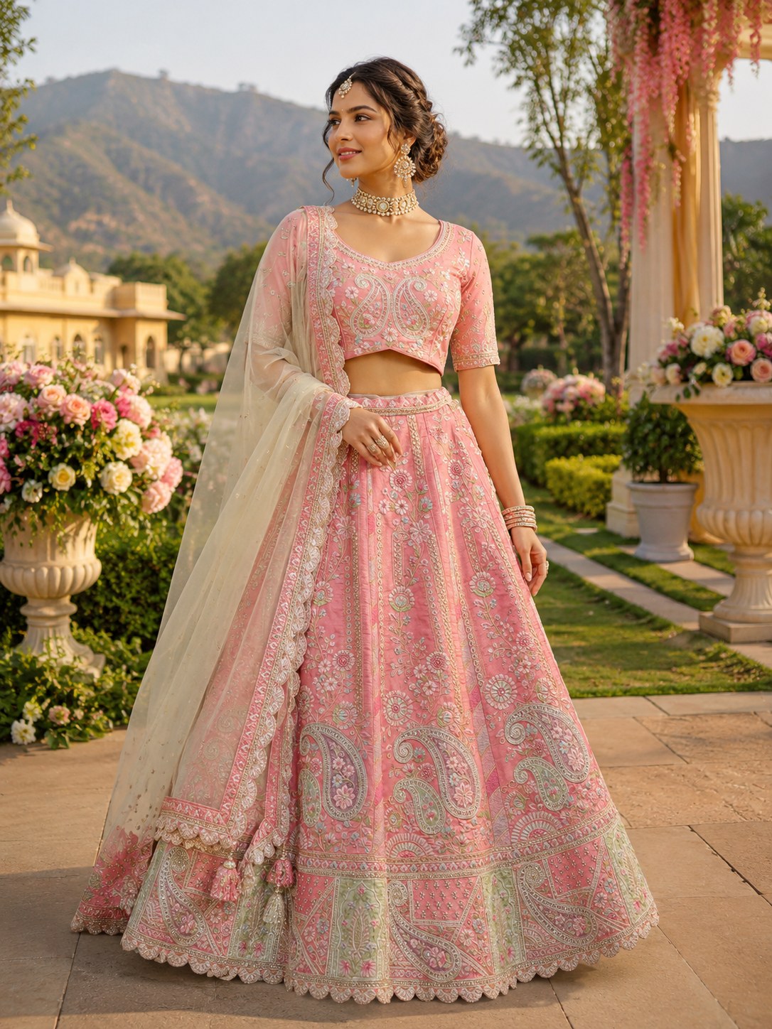 Pink lehenga with pastel paisley print and scalloped hem