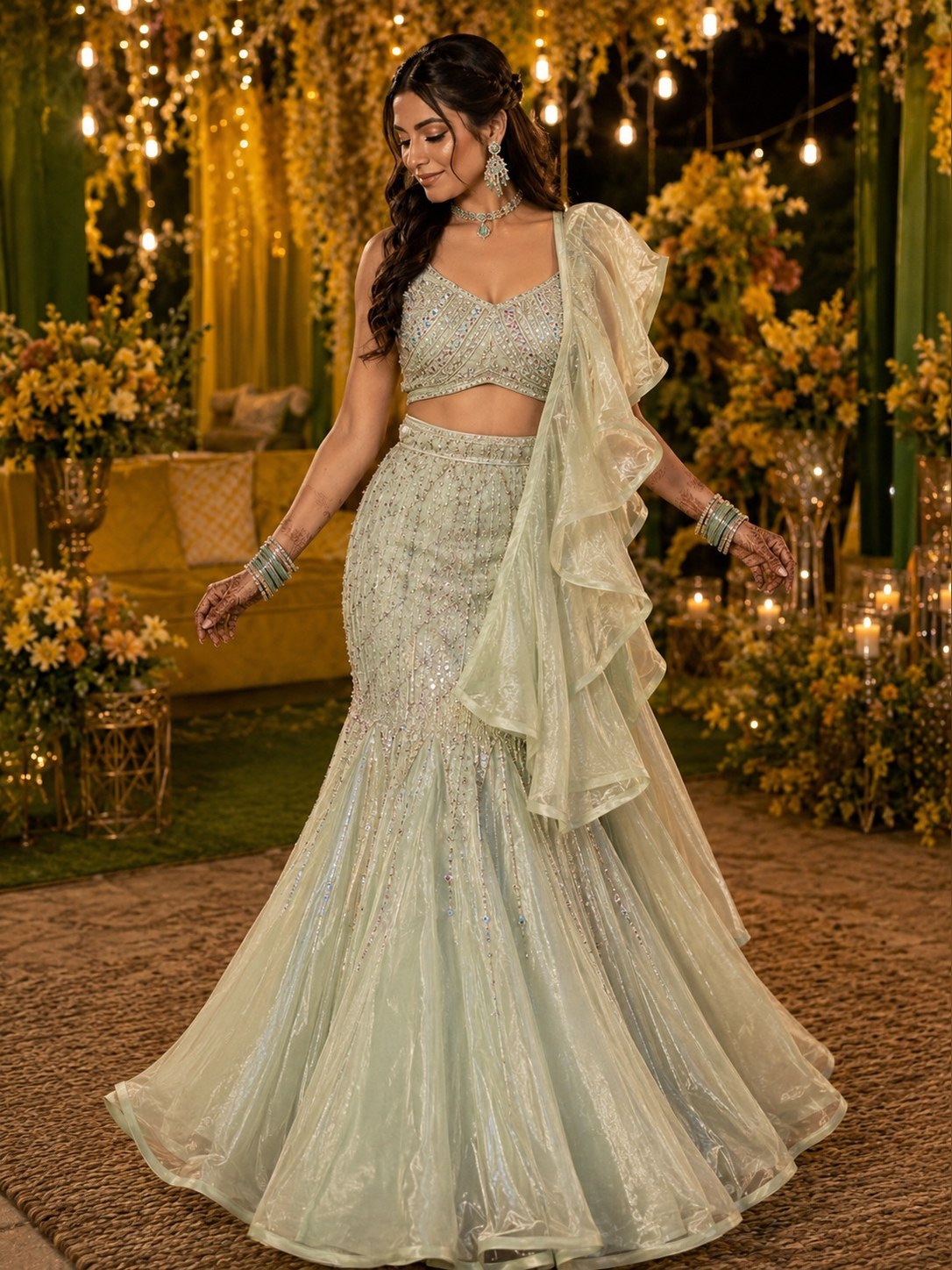 Pistachio Sequin Fishtail Lehenga Set