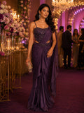 Plum pre-draped satin saree gown with embellished bustier