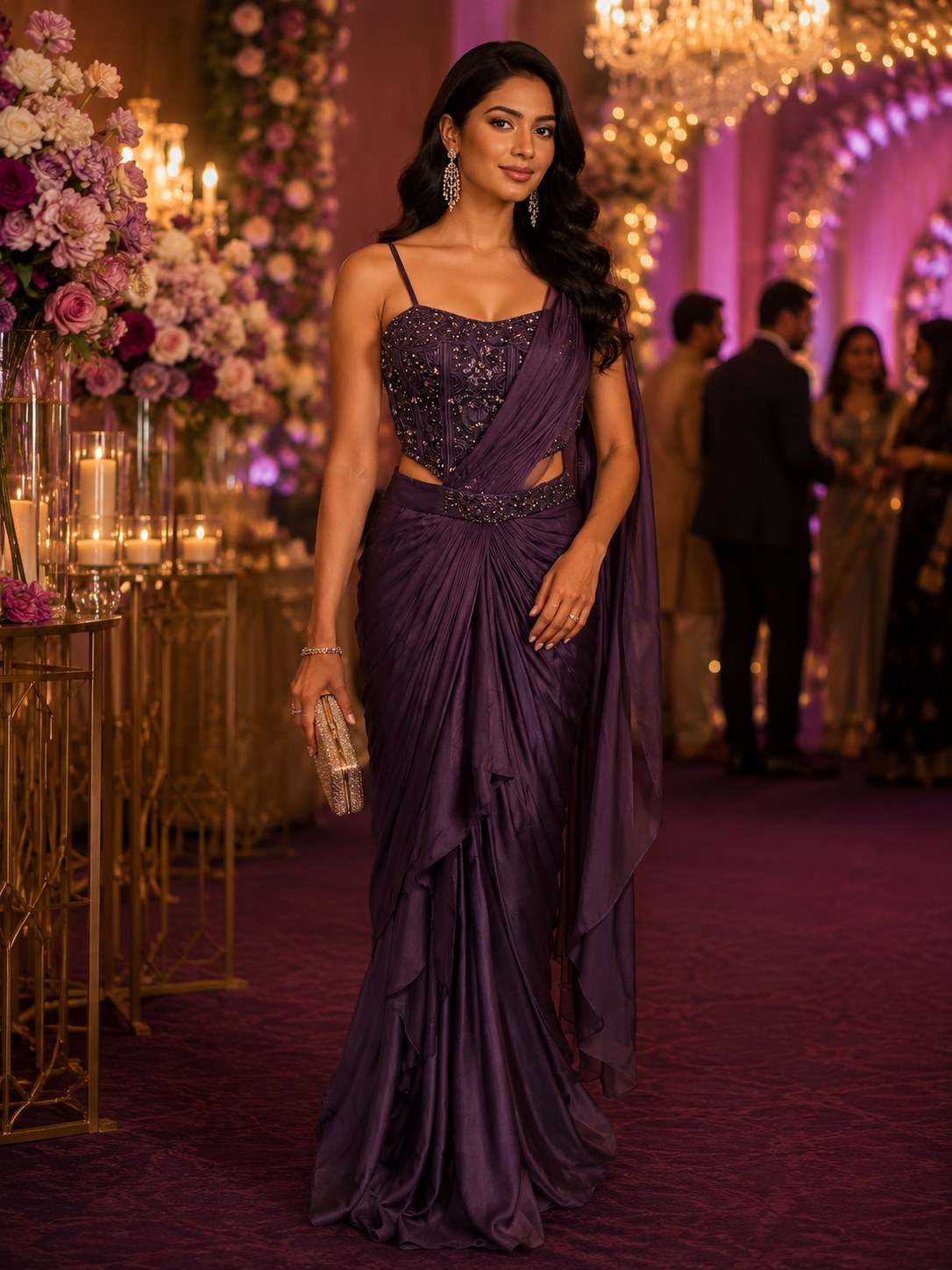 Plum pre-draped satin saree gown with embellished bustier