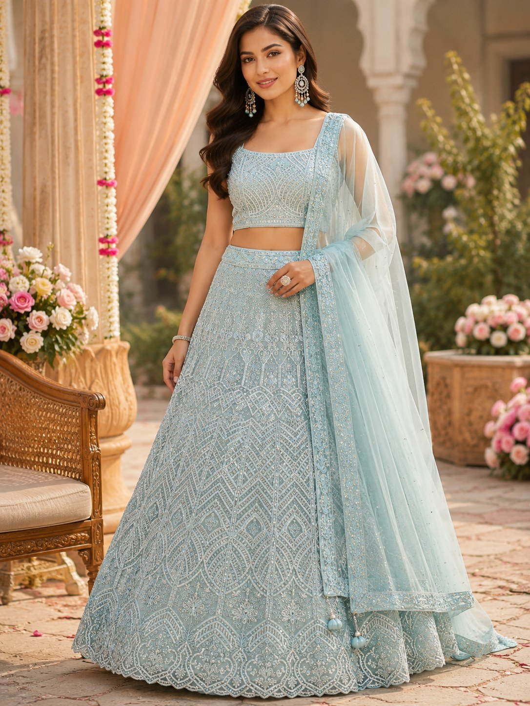 Powder blue lehenga with silver chevron thread work