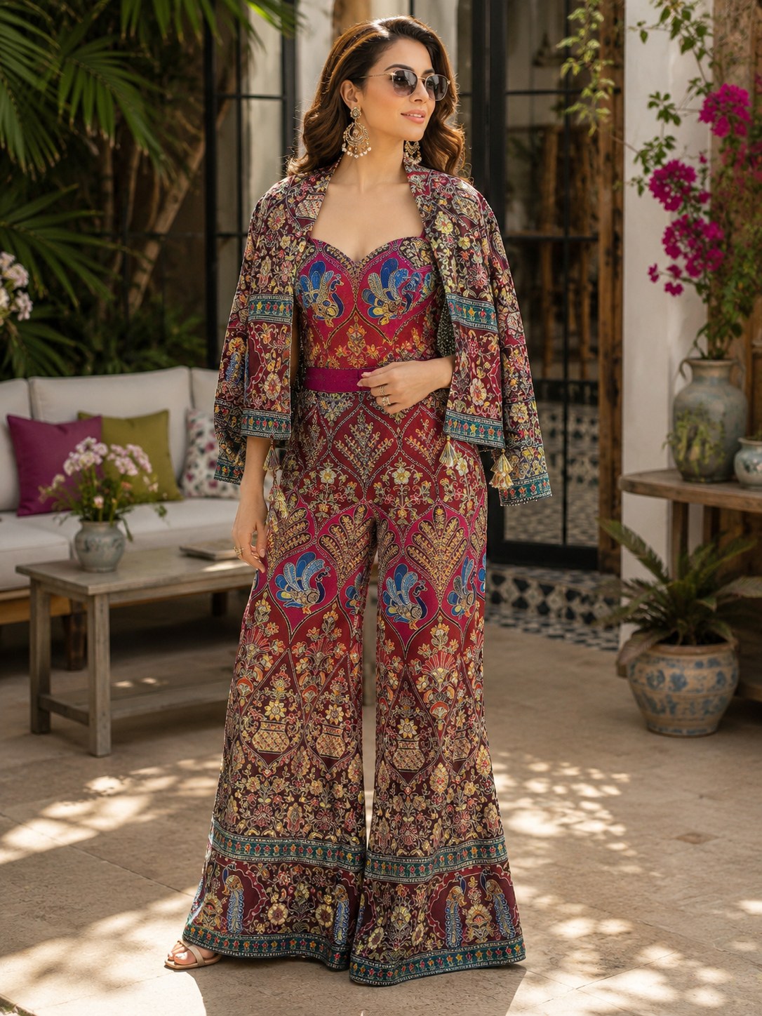 Ornate printed palazzo co-ord with long open jacket