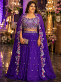 Royal purple lehenga with floral embroidered cape dupatta