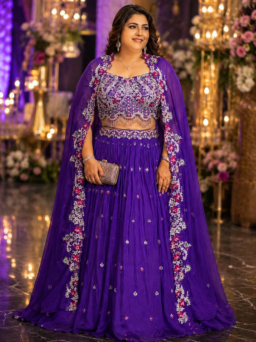 Royal purple lehenga with floral embroidered cape dupatta