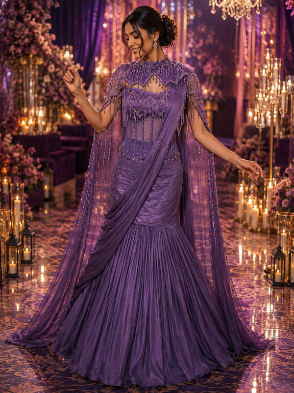 Purple pre-draped saree gown with beaded fringe capelet