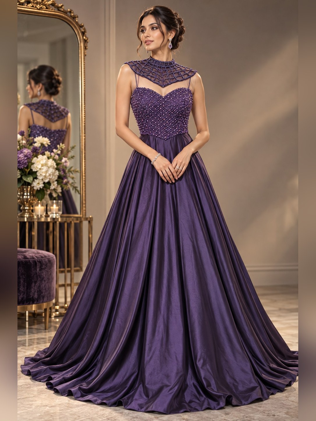 Purple Satin Beaded Ball Gown
