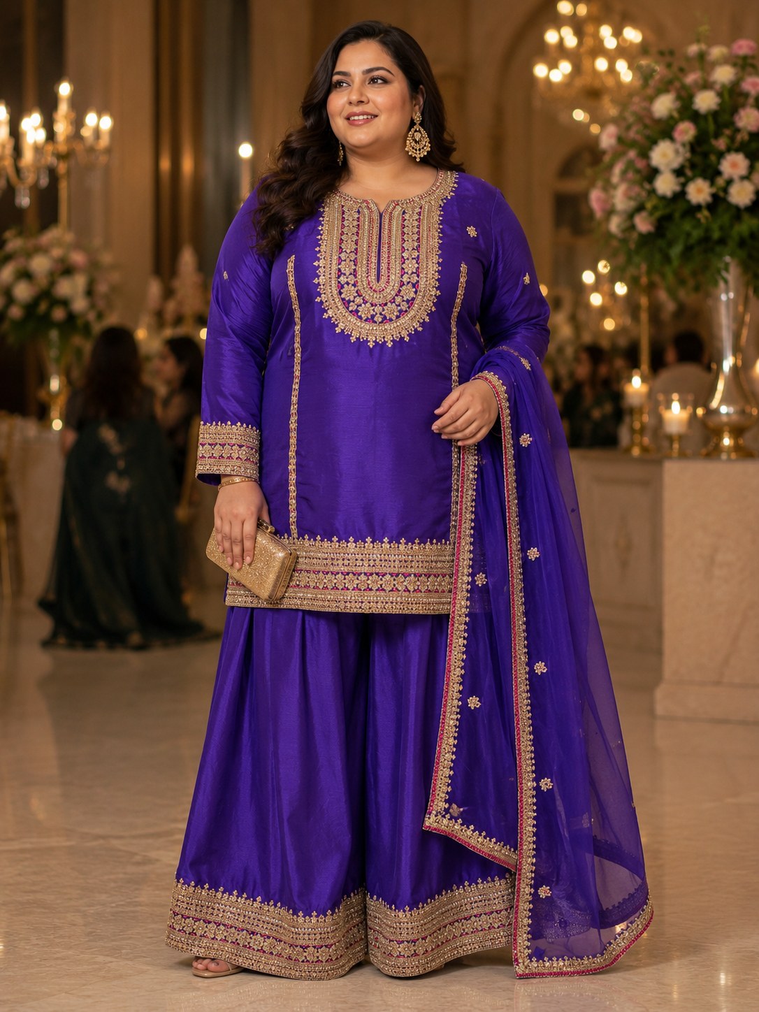 Royal purple sharara suit with gold zari border