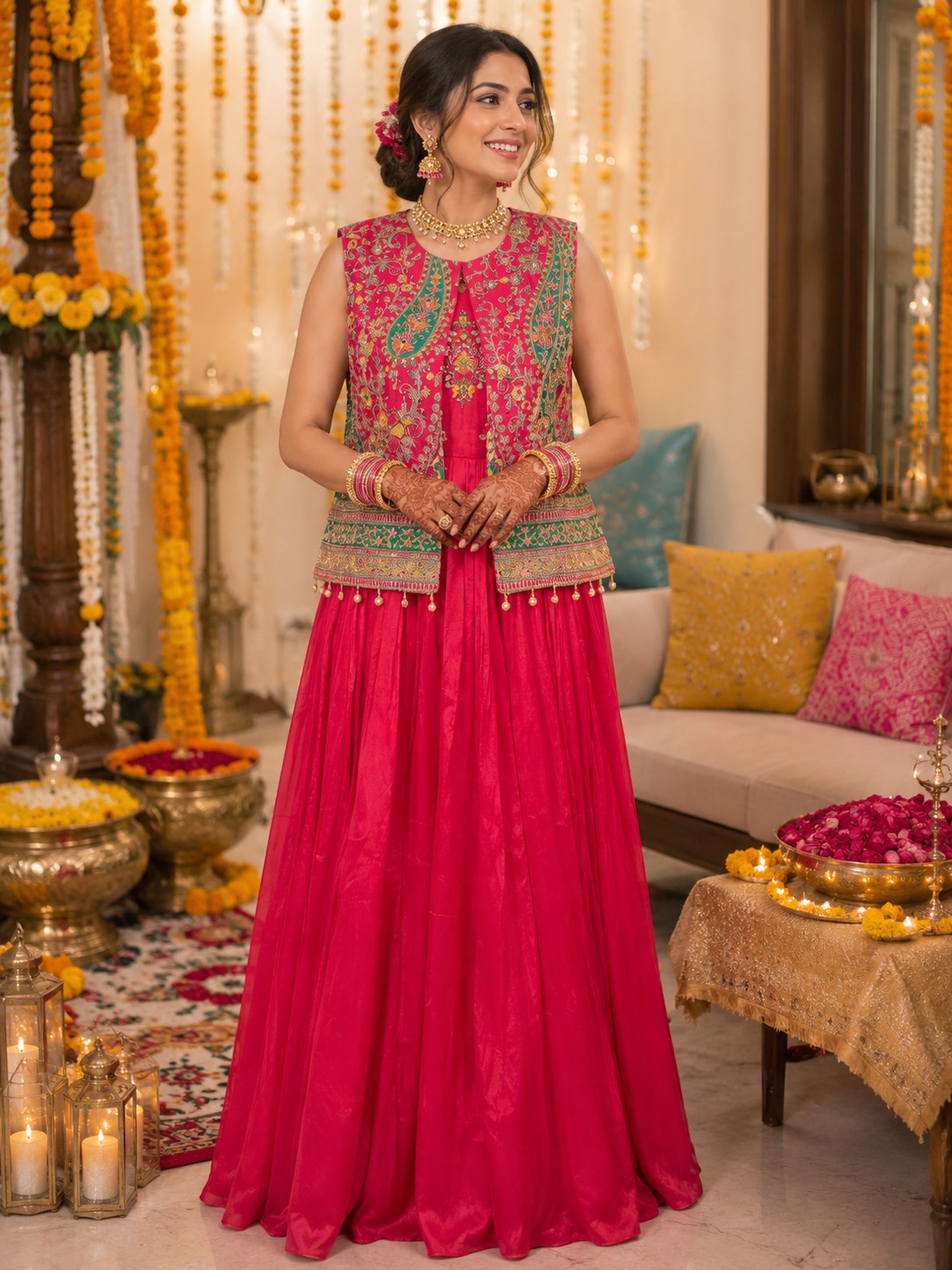 Rani pink sharara with embroidered short jacket