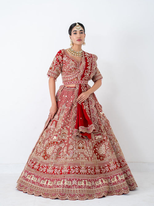 Red velvet bridal lehenga, full length