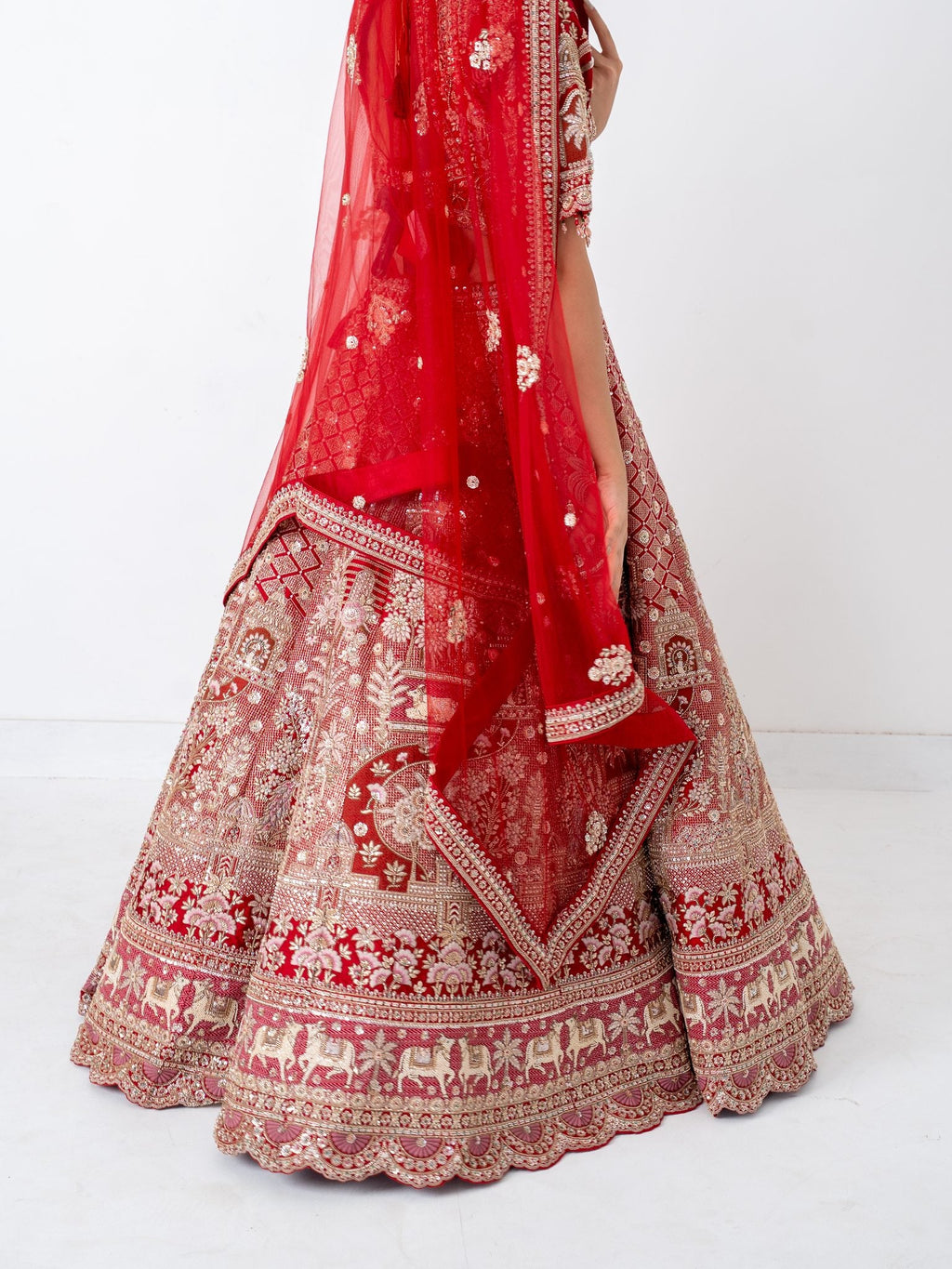 Red velvet bridal lehenga, back view