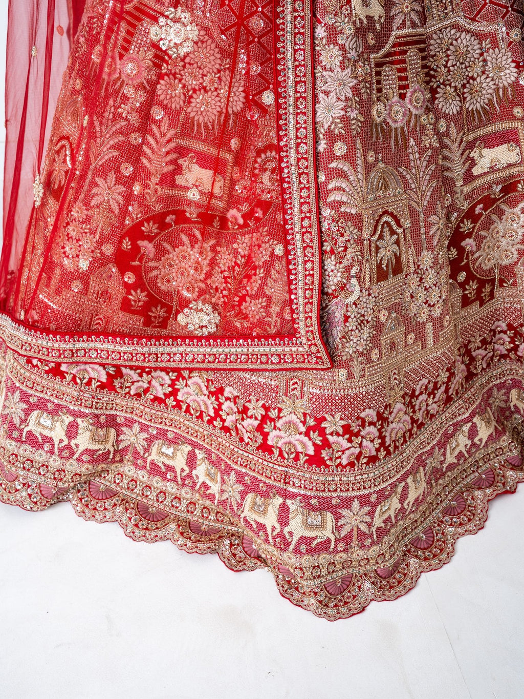 Red velvet bridal lehenga, hem close-up