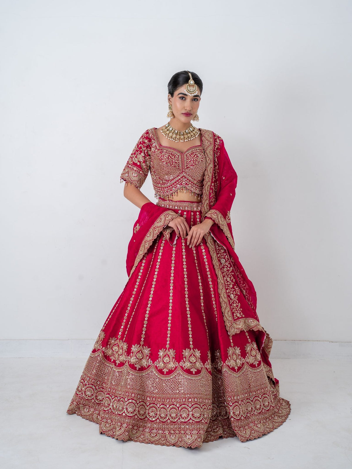 Red zari floral lehenga, full length
