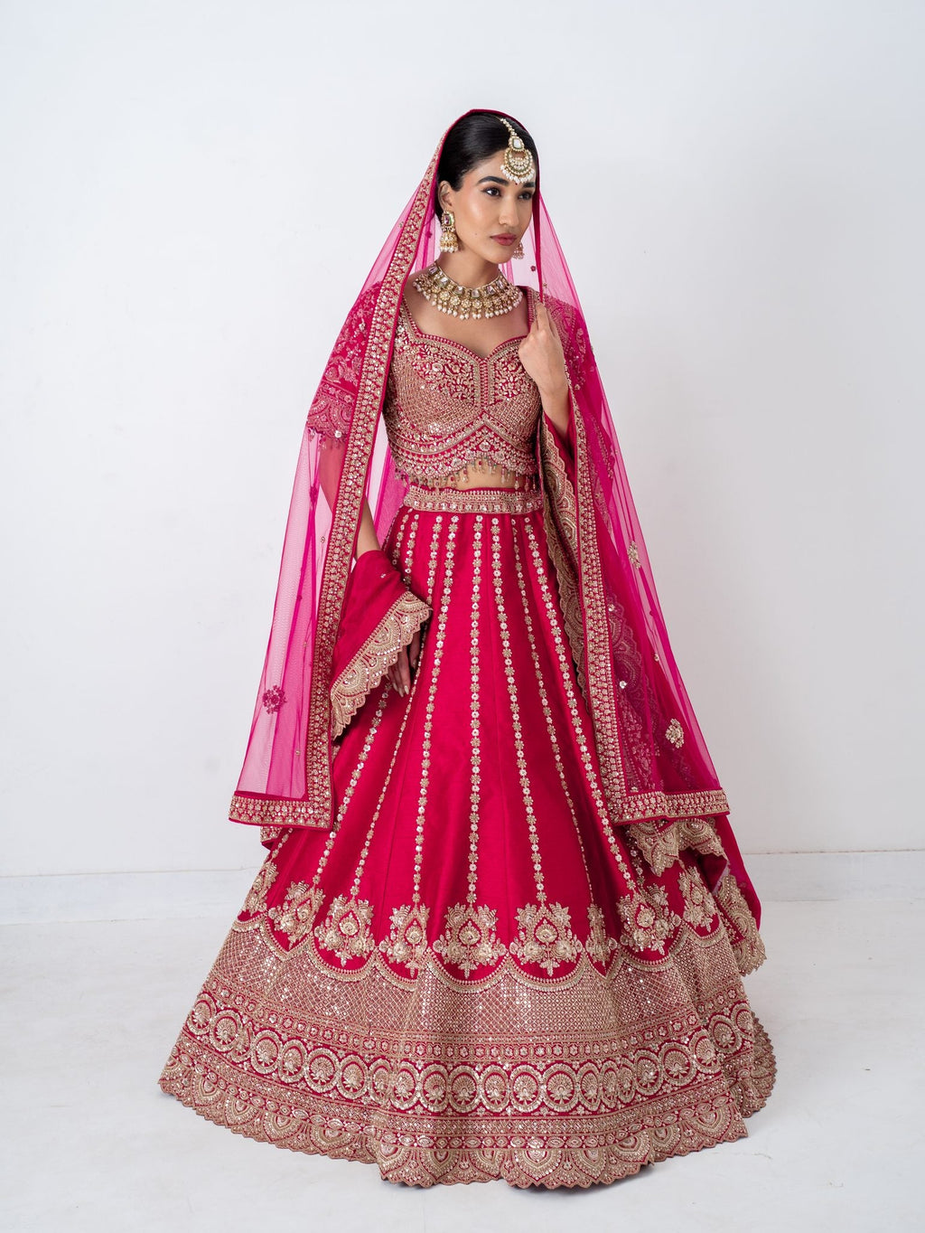 Red zari floral lehenga, full length with the dupatta