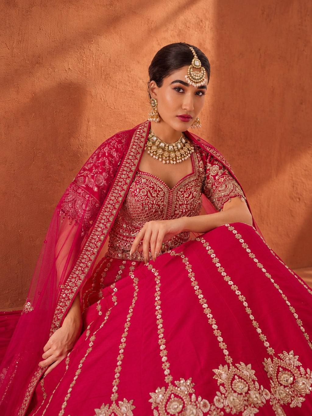 Model in a rani red lehenga with vertical floral zari vines and an embroidered net dupatta