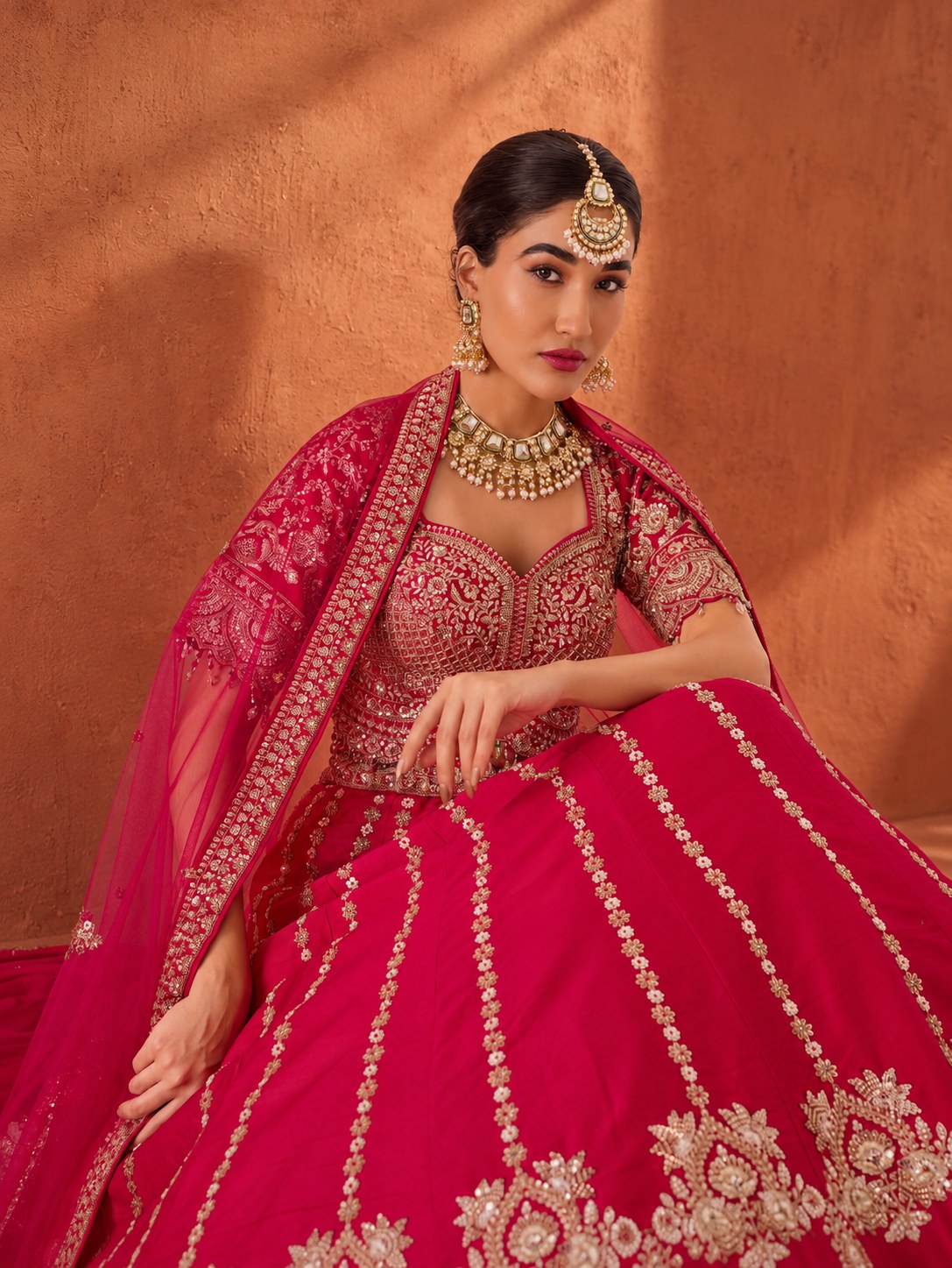 Model in a rani red lehenga with vertical floral zari vines and an embroidered net dupatta