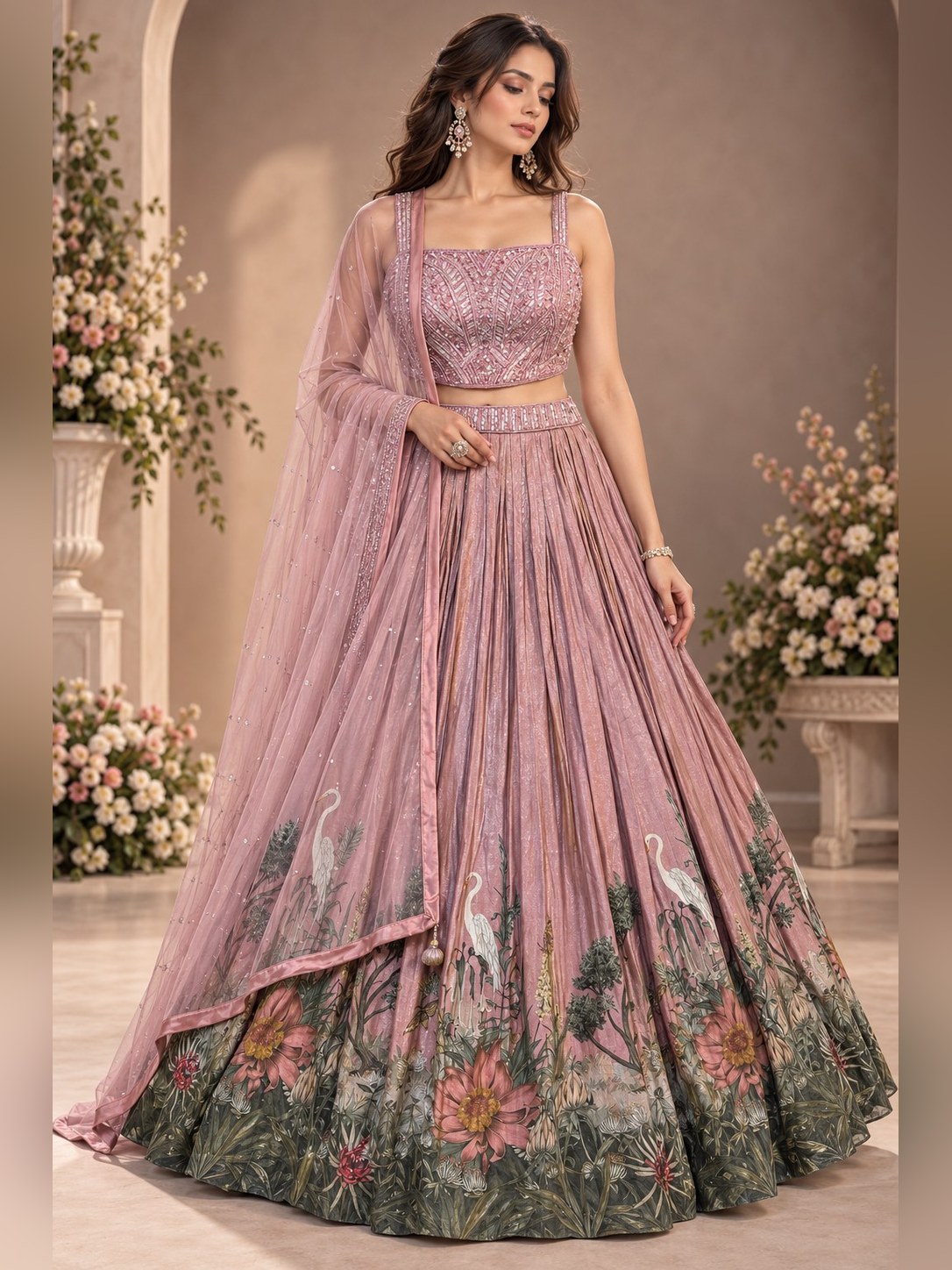 Dusty rose pleated lehenga with painted crane border