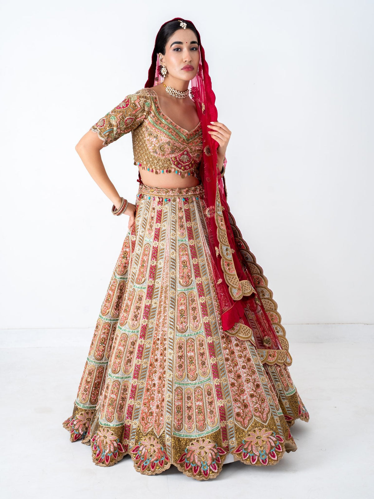Rose multicolour bridal lehenga, full length